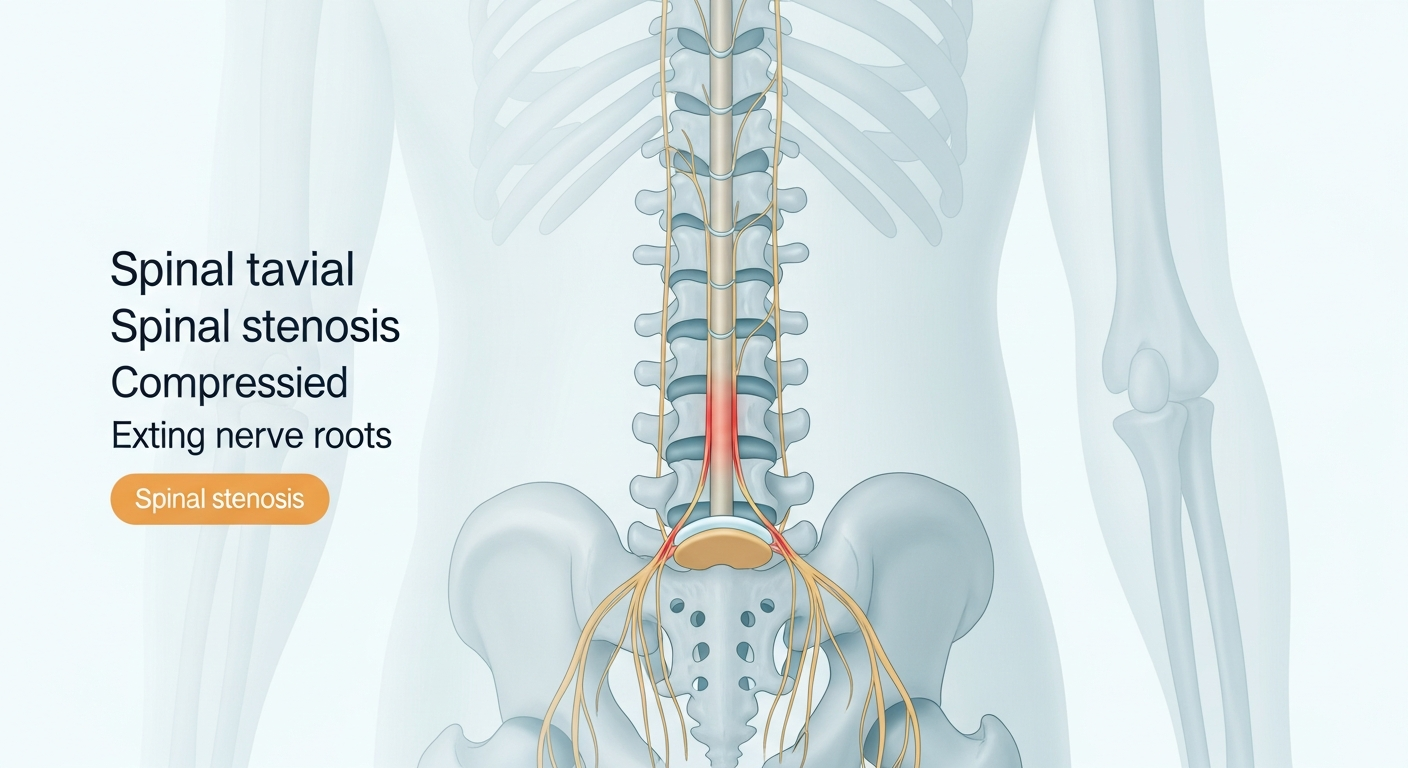 Medical diagram showing narrowing of the spinal canal and nerve compression due to spinal stenosis