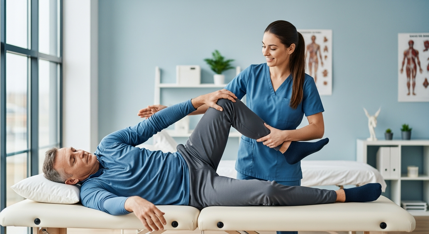 Physiotherapist guiding a patient through hip mobility rehabilitation exercises