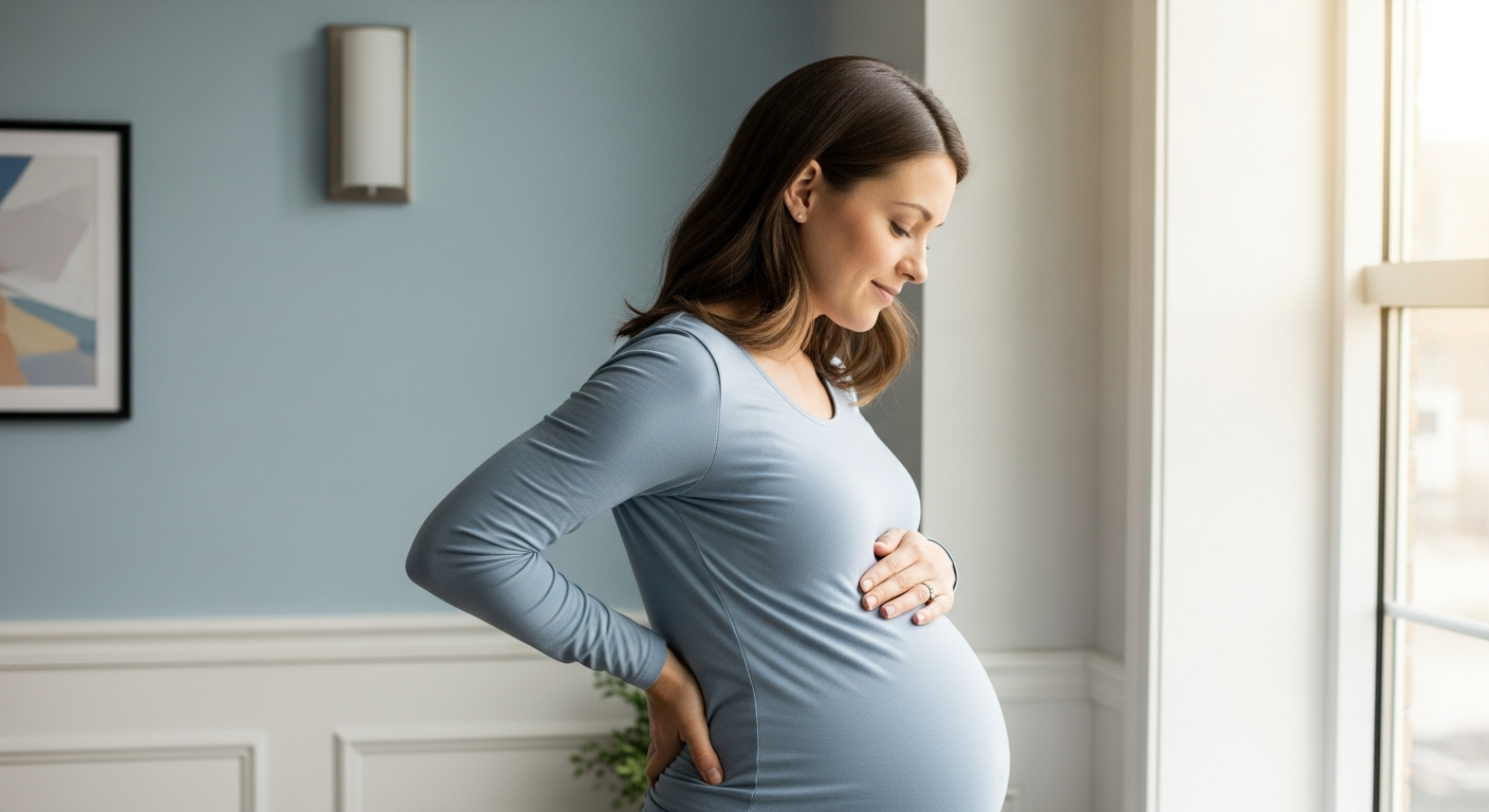 Pregnant woman standing near a window gently holding her lower back
